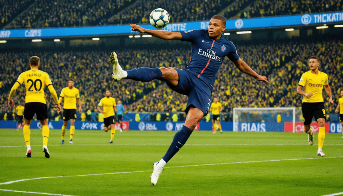 revivez le moment incroyable où mbappé réalise un ciseau acrobatique sensationnel lors du match contre dortmund. ne manquez pas cette vidéo qui met en avant le talent exceptionnel de la star du football français !