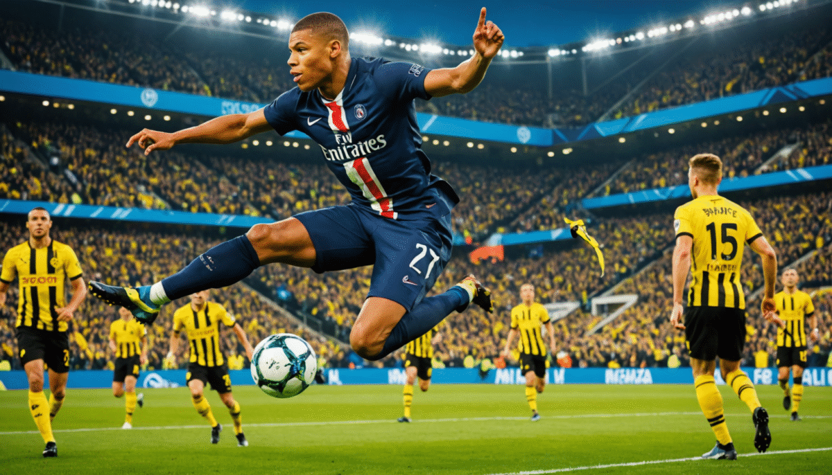 admirez le spectaculaire ciseau acrobatique de mbappé lors de son match contre dortmund. une réalisation époustouflante qui a fait vibrer les fans et marqué les esprits !
